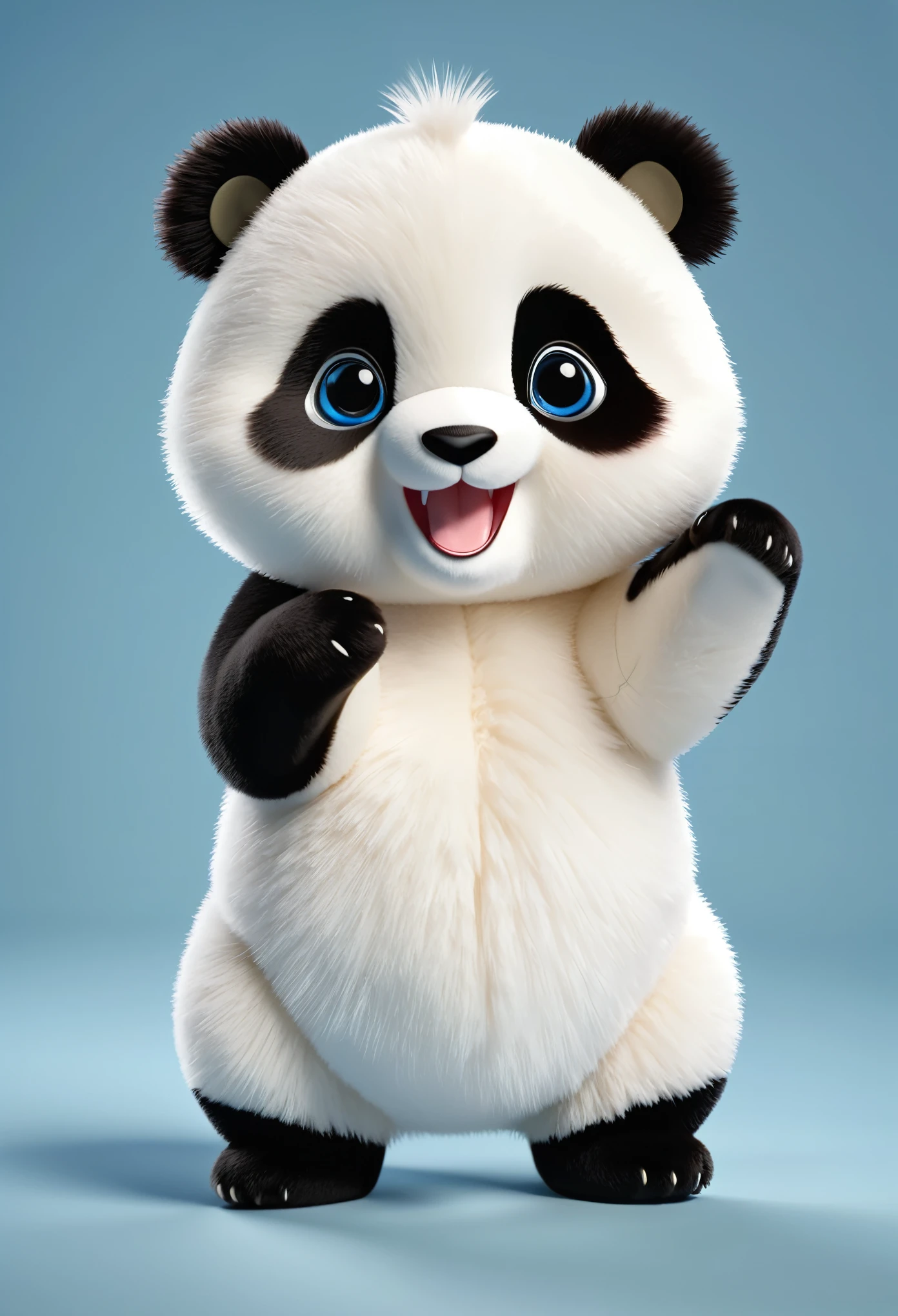 plush panda, White fur, Like a marten, stand on hind legs,  Blue doll eyes with big eyelashes, smile with open mouth, says, move your feet, spread laterally, 3D style, 8k , 4K, HD, clean background, chibi style, I always have lovely pandas and pandas., animal,0.5 , baby, cuthubby