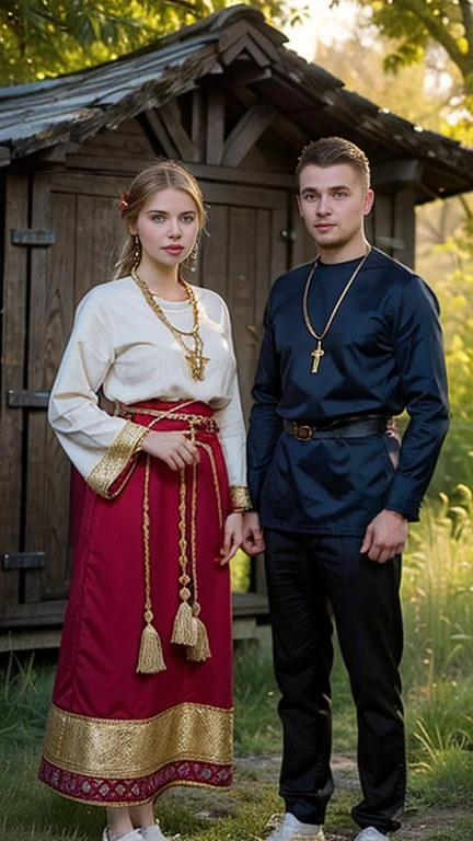 front view, (1 boy and 1 girl is existence), (couple is love),  couple is looking between face to face, (1 man is Russian man,  traditional Russian costumes from the 1930s, ), (1 woman Russian traditional costumes from 1930s, Cossack hut), Russian girl is 20 years-old, (blond hair ,double braid), slime body, Russian girl, 18 age old, (Blond hair, middle hair ,  wince, Gray eyes, beautiful lip,  serious), (gold crescent earrings, gold neckless), (big breasts, slender whist, wide hip) ,(wearing traditional ethnic clothing, including a white and red Sarafan and kokoshnik), traditional shoes, The setting is a rural village during a festival, with people engaging in traditional activities and celebrating their heritage  Standing by the golden apple tree, in garden ,  textured skin , HI detailed skin, (foreshortening, Canon, 8K, anatomically correct,  super detail, high details, highness, 