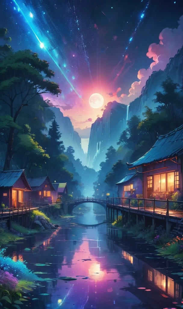 Dreamyvibes artstyle, Surreal landscape blending day and night, where a river of stars divides a cityscape merging with a forest. Architectural elements float, defying gravity, with a backdrop of a dual sunset and moonrise. High detail, ethereal glow, and vibrant color palette.