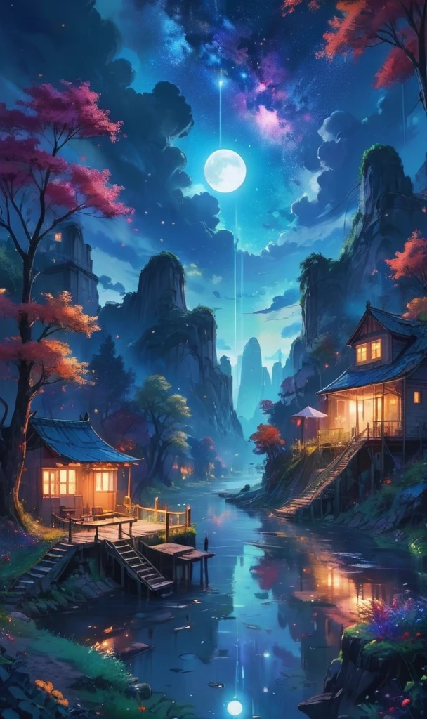 Dreamyvibes artstyle, Surreal landscape blending day and night, where a river of stars divides a cityscape merging with a forest. Architectural elements float, defying gravity, with a backdrop of a dual sunset and moonrise. High detail, ethereal glow, and vibrant color palette. 