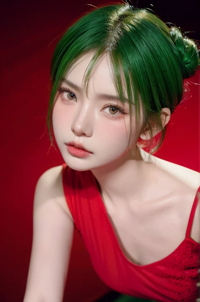 HDR, UHD,8K, face High Quality, nokiapretty, red color sweather, (((black background 8k))), Braided bun hait, greenhair, cyber