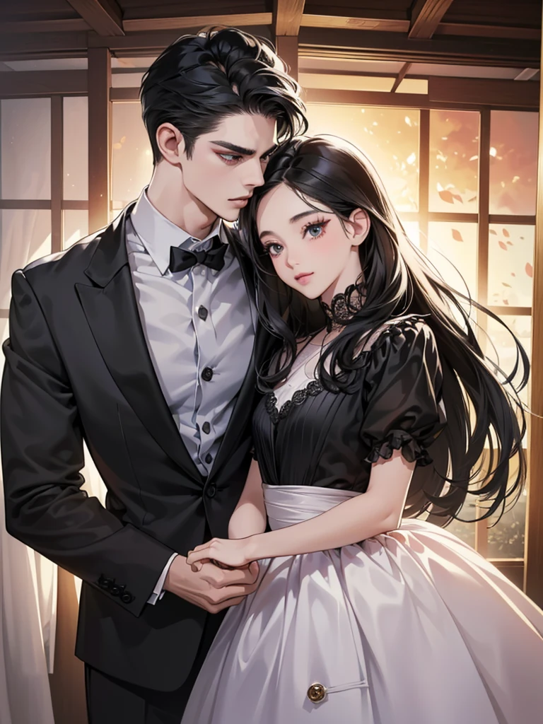 (masutepiece, Digital Art, Digital Illustration, 4K, 8K, Ultra-detailed, beautiful image, Sharp Image, Photorealistic, Raw photo, Perfect face, Perfect lines, Perfect eyes, Soft lighting) 1 woman, (Long Black Hair,straight haired,Bullish gaze,Beautie,Woman in suit,Solid makeup,23 y-o woman,small tits:1.3),Secretary, Two handsome men in suits, (ember,Men in suits,well-muscled,Firm shoulder width,Adult male,Boyish hairstyle,English gentlemanly style,Man in his 30s with a cool expression,28-year-old man with bright smile:1.2),Parti、a couple、couple kissing、kiss、the kiss、Romance、Kissing