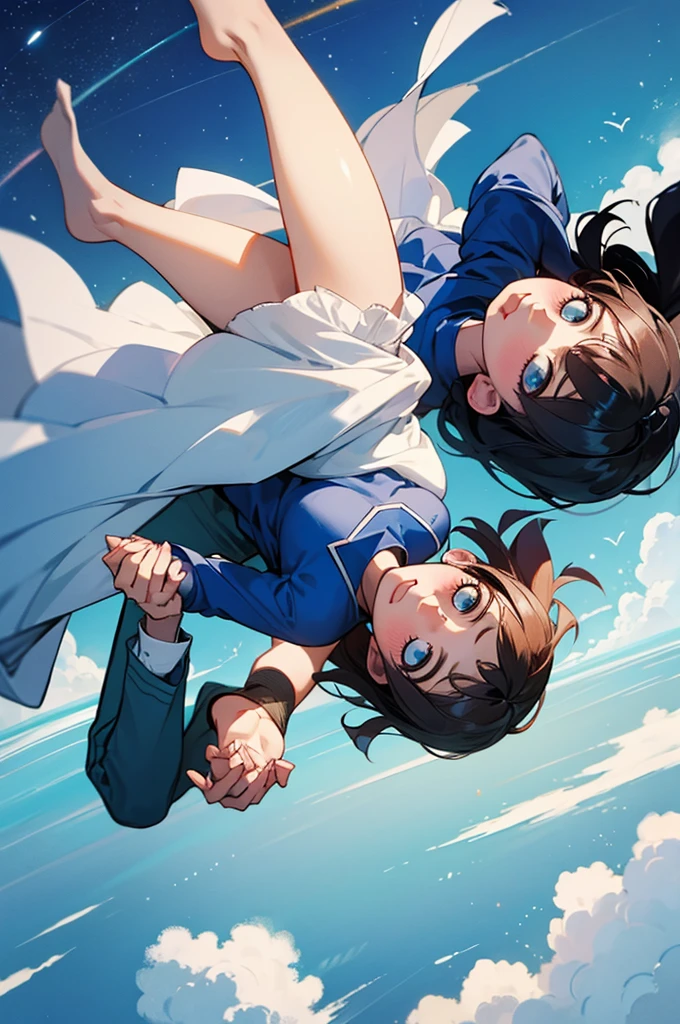 Couple falling from the sky holding hands view their whole body falling from the sky falling from a great height sky in the background falling upside down flying in the sky