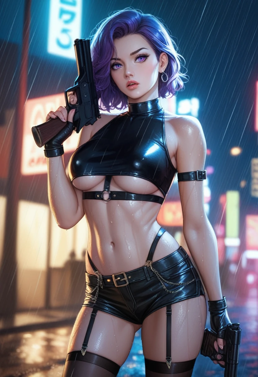 Masterpiece, anime realistic art, dynamic angle, slender toned build, pale skin, striking purple hair, shiny detailed eyes, tight black leather outfit with numerous straps and buckles ,cropped top that exposes her midriff , pair of short shorts with garter belts attaching to thigh-high stockings,rainy street, asphalt, white back light, night ,wet, underboobs ,gun, gangster , looking at viewer 