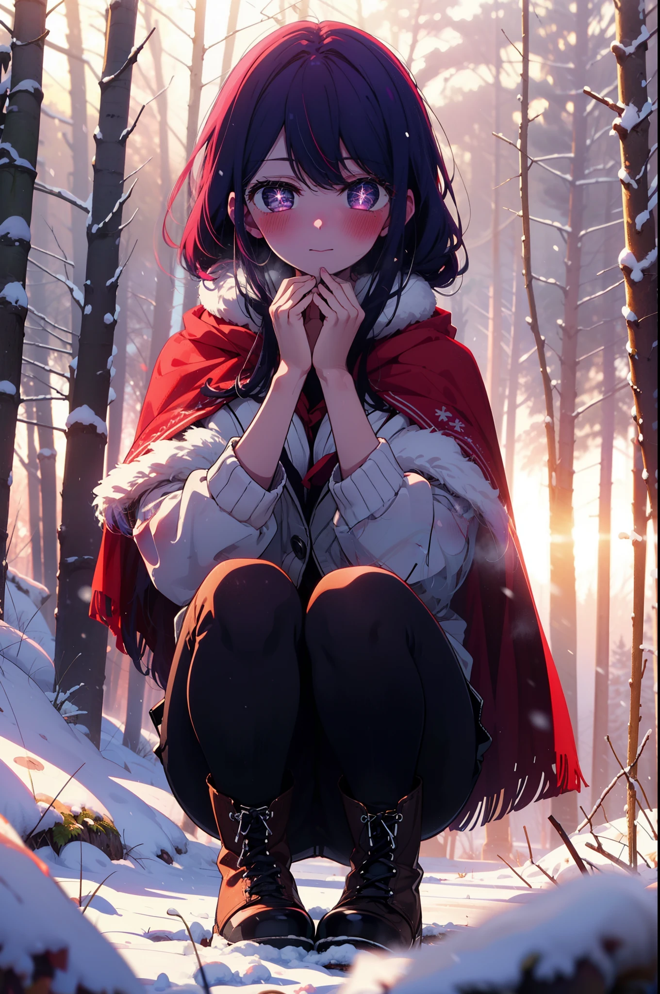 aihoshino, Ai Hoshino, Long Hair, bangs, (Purple eyes:1.1), Purple Hair, (Symbol-shaped pupil:1.5), smile,,smile,blush,white breath,
Open your mouth,snow,Ground bonfire, Outdoor, boots, snowing, From the side, wood, suitcase, Cape, Blurred, , forest, White handbag, nature, Squat, Mouth closed, Cape, winter, Written boundary depth, Black shoes, red Cape break looking at viewer, Upper Body, whole body, break Outdoor, forest, nature, break (masterpiece:1.2), Highest quality, High resolution, unity 8k wallpaper, (shape:0.8), (Beautiful and beautiful eyes:1.6), Highly detailed face, Perfect lighting, Extremely detailed CG, (Perfect hands, Perfect ???????),