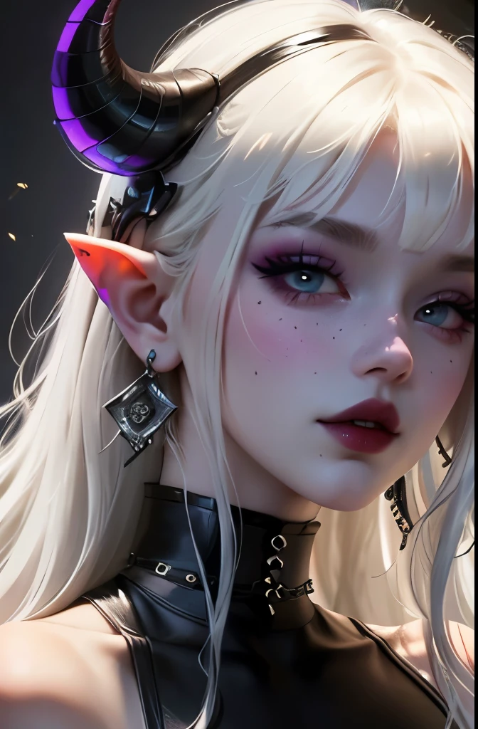 (masterpiece, best quality, ultra-detailed, best shadow), (beautiful detailed face:1.3), illustration, 1girl, solo, shiny, reflective, white hair woman with piercings and piercings, goth girl aesthetic, portrait of kim petras, she looks like a mix of grimes, 29 - year - old goth girl, grunge aesthetic!!!, grunge aesthetic, goth aesthetic, pale goth beauty, looks like a mix of grimes, pastel goth aesthetic, grunge aesthetic!!! latex, big curvy body, bodysuit, big demon girl, big white horns, big breast, big sexy body, white hair, white horns, pointy ears, freckles, blue eyes, RAW, 8K, UHD, candid, art style by Artgerm, by nine_(liuyuhao1992), by Yusuke Murata