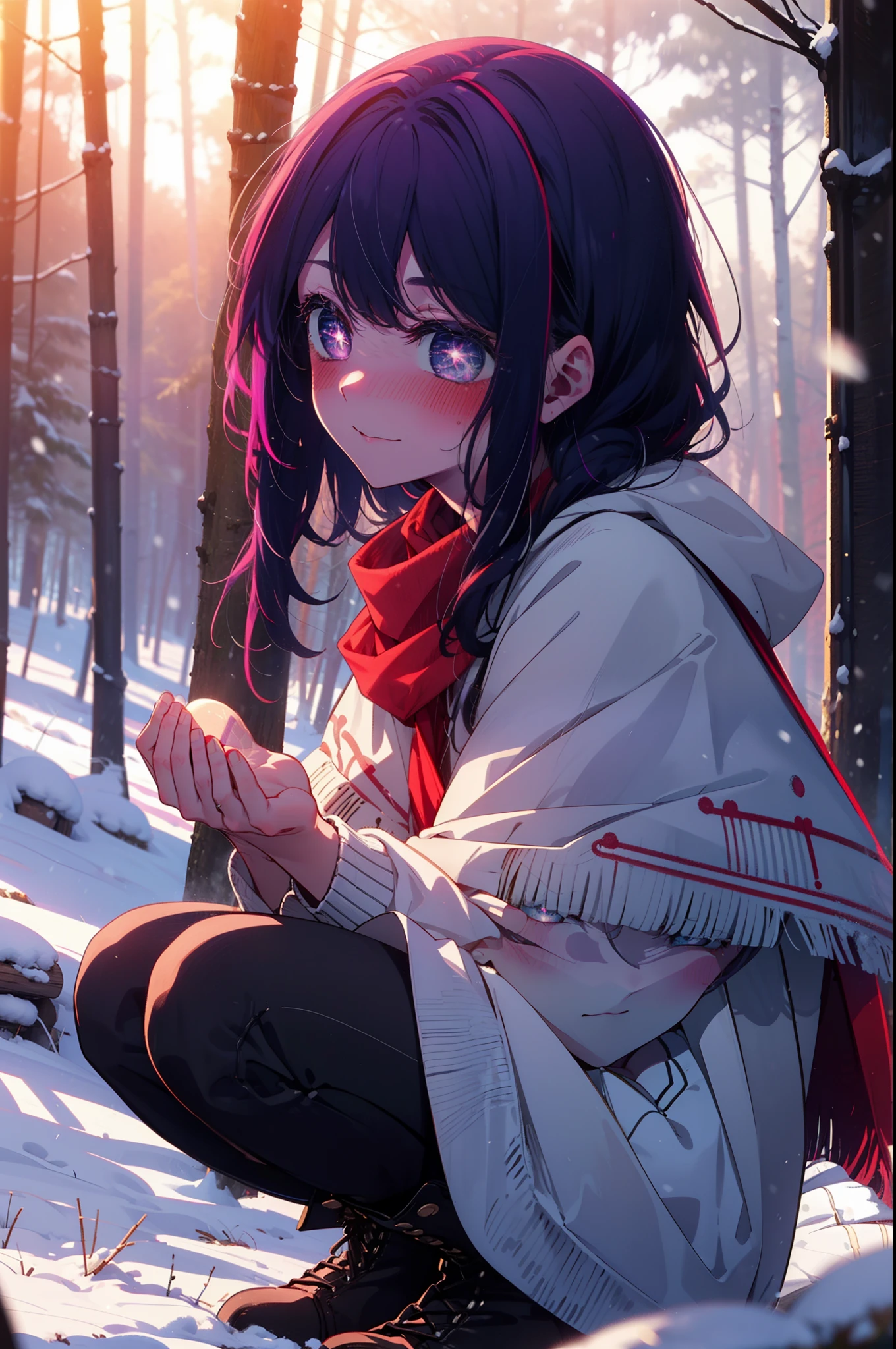 aihoshino, Ai Hoshino, Long Hair, bangs, (Purple eyes:1.1), Purple Hair, (Symbol-shaped pupil:1.5), smile,,smile,blush,white breath,
Open your mouth,snow,Ground bonfire, Outdoor, boots, snowing, From the side, wood, suitcase, Cape, Blurred, , forest, White handbag, nature, Squat, Mouth closed, Cape, winter, Written boundary depth, Black shoes, red Cape break looking at viewer, Upper Body, whole body, break Outdoor, forest, nature, break (masterpiece:1.2), Highest quality, High resolution, unity 8k wallpaper, (shape:0.8), (Beautiful and beautiful eyes:1.6), Highly detailed face, Perfect lighting, Extremely detailed CG, (Perfect hands, Perfect Anatomy),