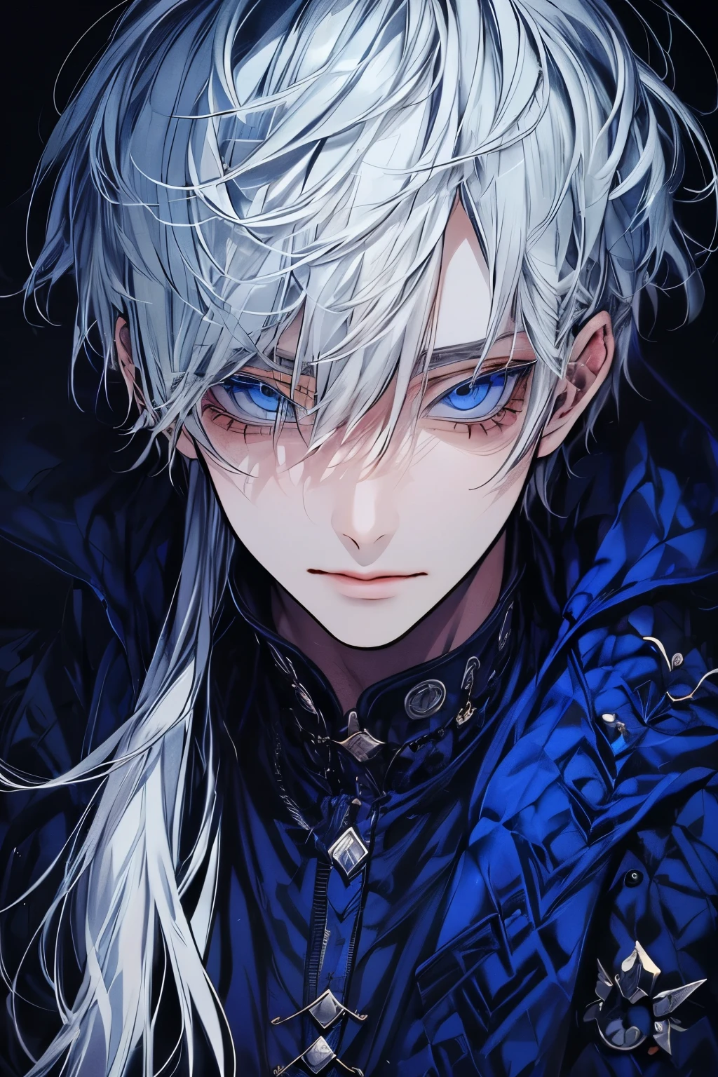 (Mastepiece), (Best Quality), Very detailed, Perfect Face, Beautiful Face, Very detailed顔，(dark blue Haired Man:1.3)，(Man with white hair:1.3)，vkei style clothing