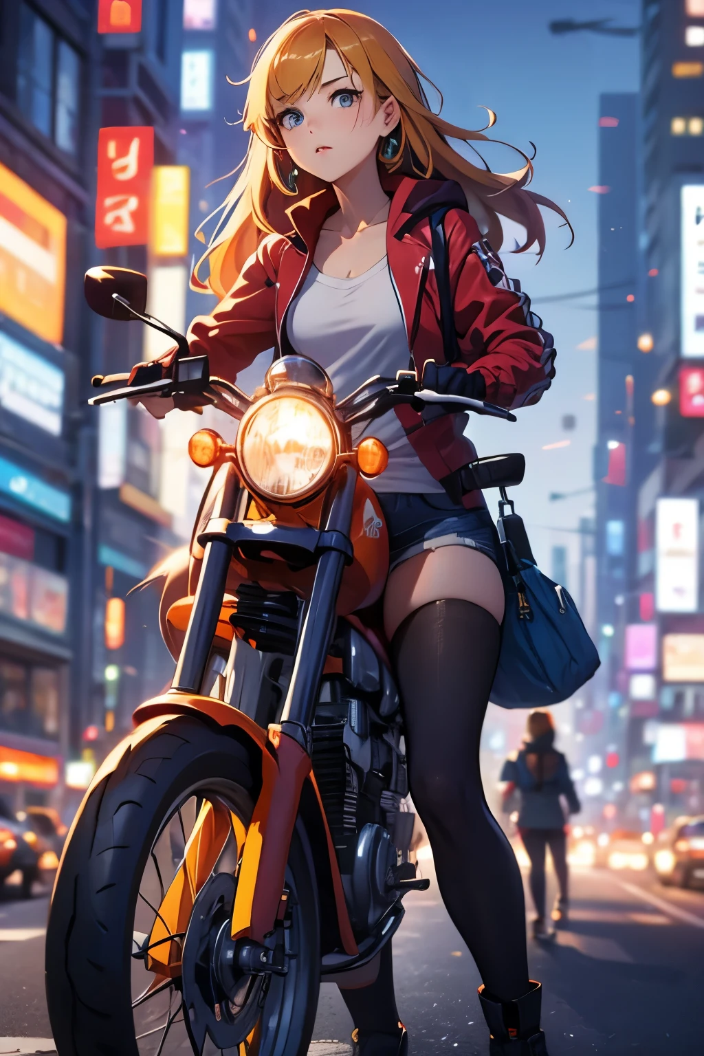 A woman takes a corner on a motorcycle, no helmet, long blonde hair flying, a beautiful woman, a lovely expression, a public road, a speedy depiction