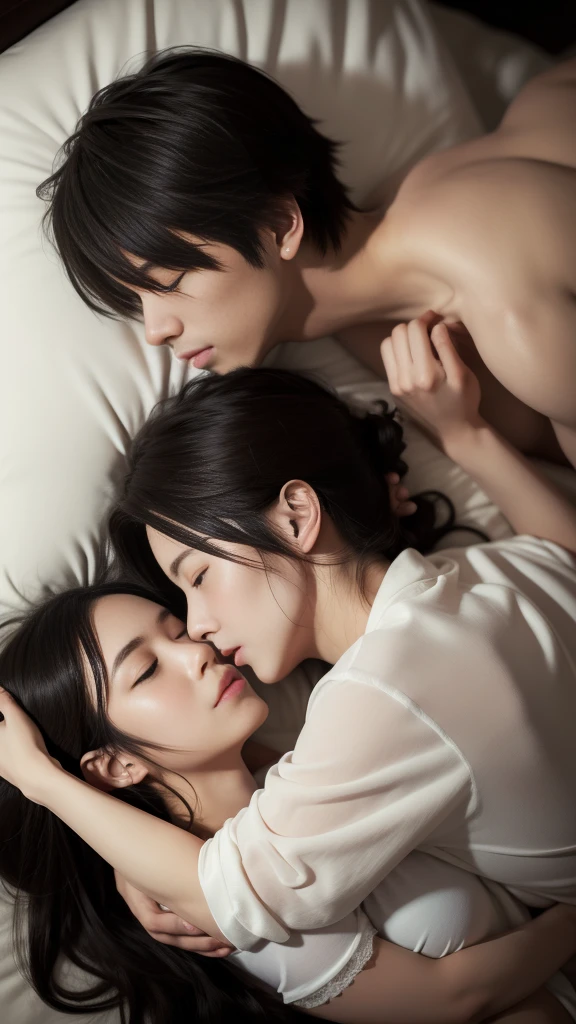 Anime of a couple hugging in bed with a white sheet, He holds her, While she sleeps, by Li Mei-shu, Yanagawa Nobusada, soft anime illustration, by Jin Nong, Naka Bokuhnen, charlie bowater and artgeem, couple pose, Lovers melt in bed, Eizan Kikukawa, hug, Makoto Shinkai and (Cainova plague), sakimichan and makoto shinkai, guweiz, Kissing together, artwork in the style of guweiz,