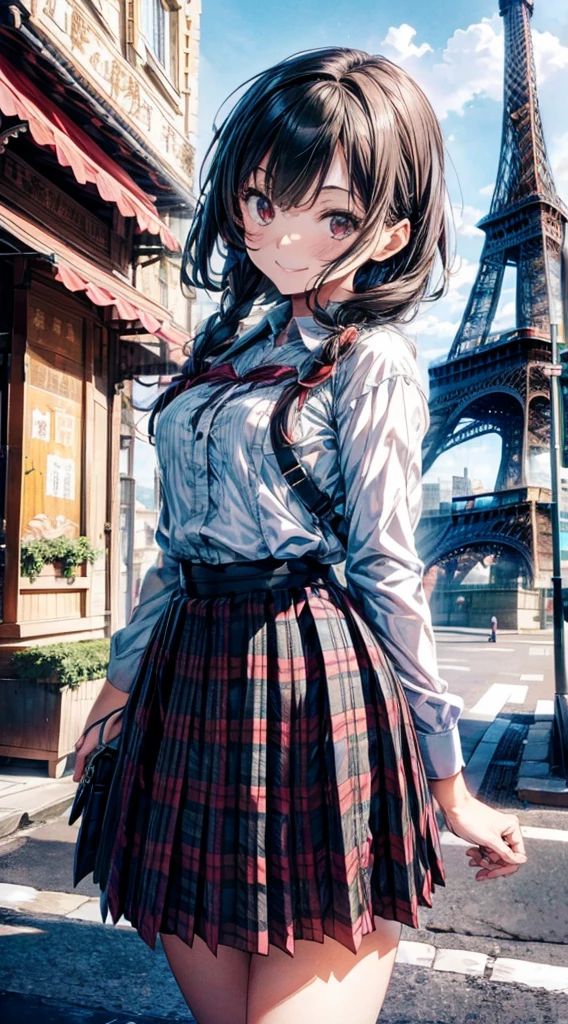 very cute and beautiful girl,Teen,(Very detailed美しい顔),
(Flared shirt,Tartan Check Pleated Mini Skirt),Traveler,
(smile),Cowboy Shot,hairpin,Black Hair,France,Paris,Eiffel Tower,
(Highest quality,masterpiece:1.0),Absurd,High resolution,Very detailed,Very detailed,32K,8k resolution,
Intricate details,Movie Scenes,Detailed Background,alone,Dynamic Angle,Hair blowing in the wind,Realistic,Eiffel Towerを指さす,smile, 