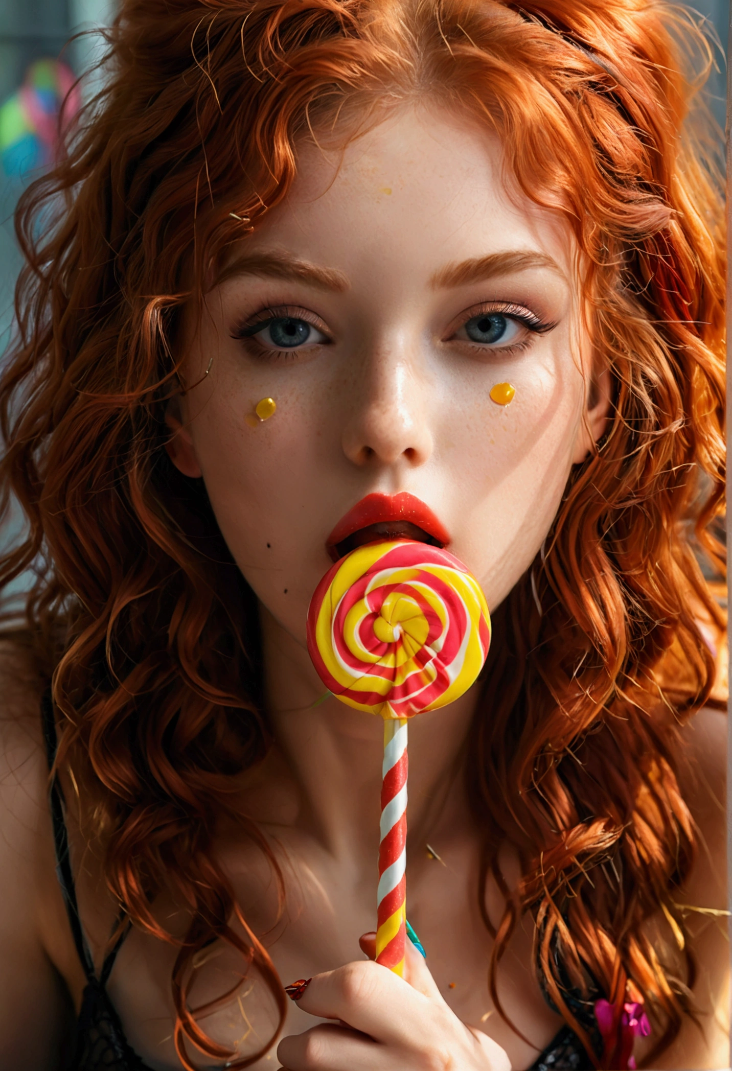 ultra realistic, photography, portrait, upper torso, red haired girl, 20 years old, hourglass figure, perfect body, supermodel, long legs, tongue licking a long spiral lollipop, seductive