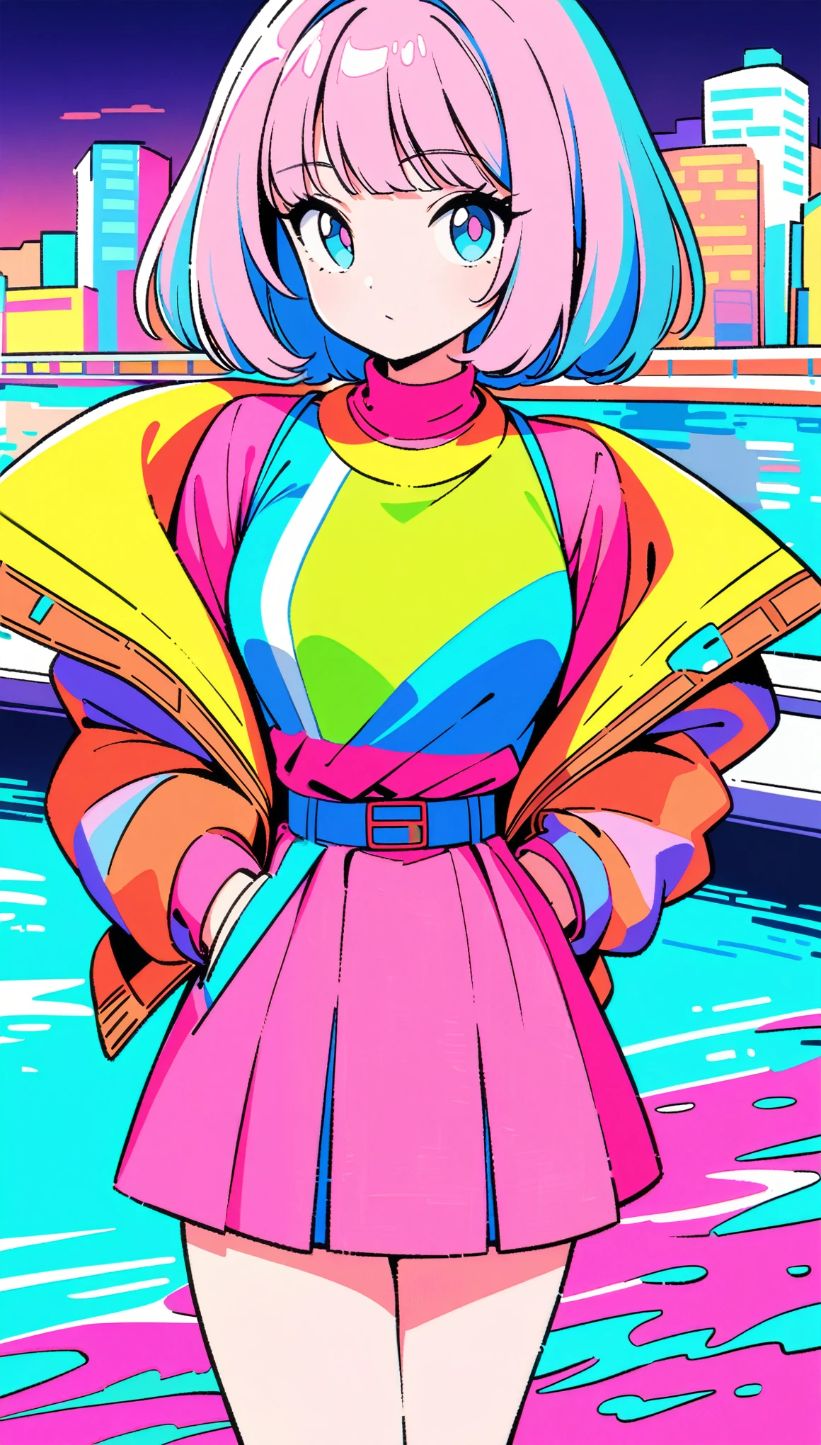 masterpiece, Highest quality, Beautiful attention to detail, Very detailed, In detail, High resolution, Perfect Anatomy, colorful, pastel colour, One Girl, alone, (City pop illustrations), (City Pop Art), Simple Background, Retro Style, (Vaporwave City Pop), (1980s City Pop), (City Pop Anime), (river, bridge), Retro Style, 1980s Fashion, Cowboy Shot,