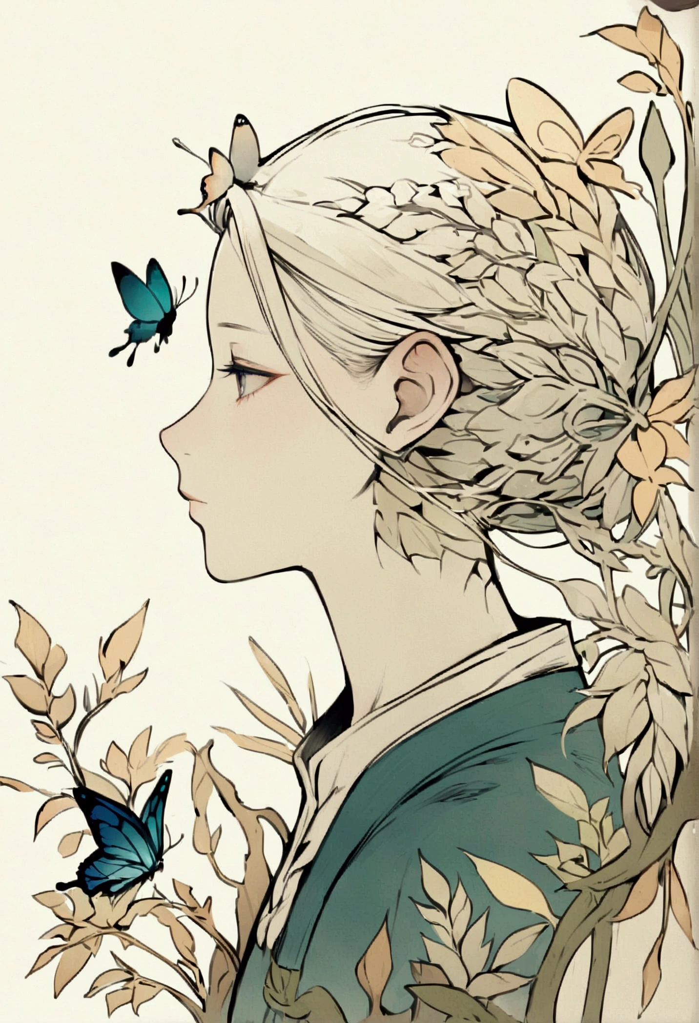 Colored lead painting simple illustration:Inspired by Marco Mazzoni,Profile portrait - head up,bird、Butterfly、Plants and flowers。