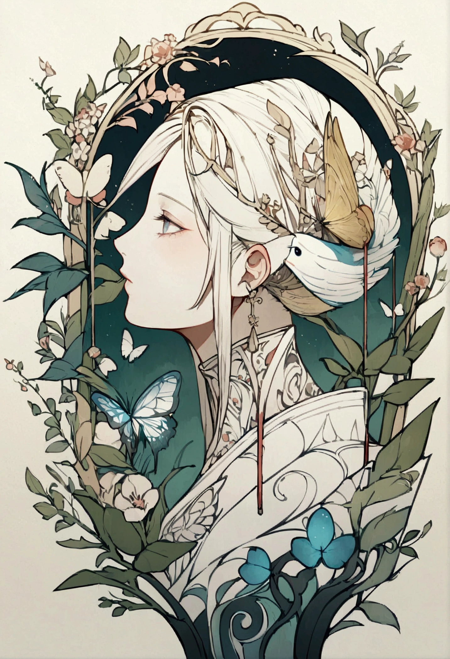 Colored lead painting simple illustration:Inspired by Marco Mazzoni,Profile portrait - head up,bird、Butterfly、Plants and flowers。