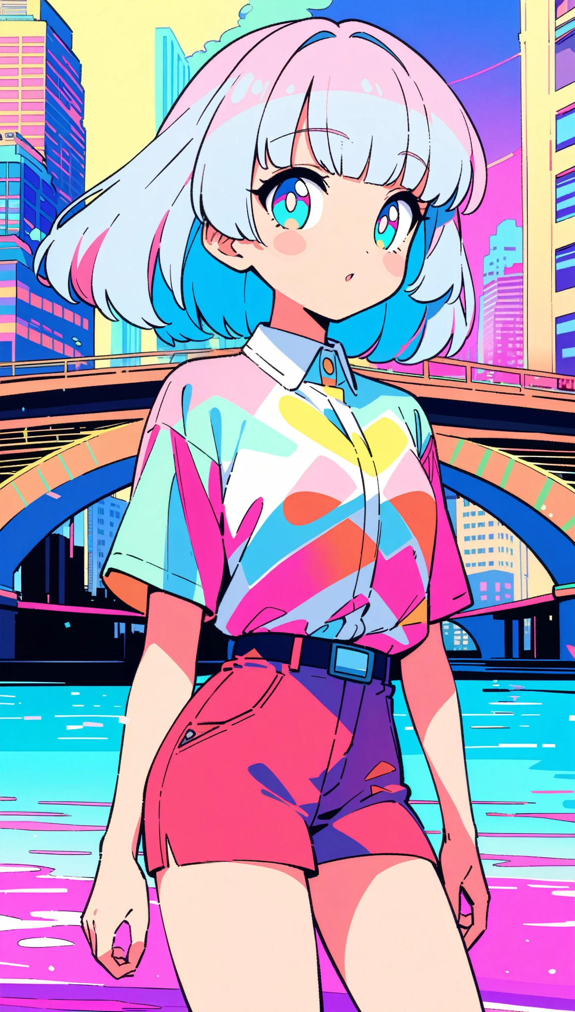 masterpiece, Highest quality, Beautiful attention to detail, Very detailed, In detail, High resolution, Perfect Anatomy, colorful, pastel colour, One Girl, alone, (City pop illustrations), (City Pop Art), Simple Background, Retro Style, (Vaporwave City Pop), (1980s City Pop), (City Pop Anime), (river, bridge), Retro Style, 1980s Fashion, Cowboy Shot,