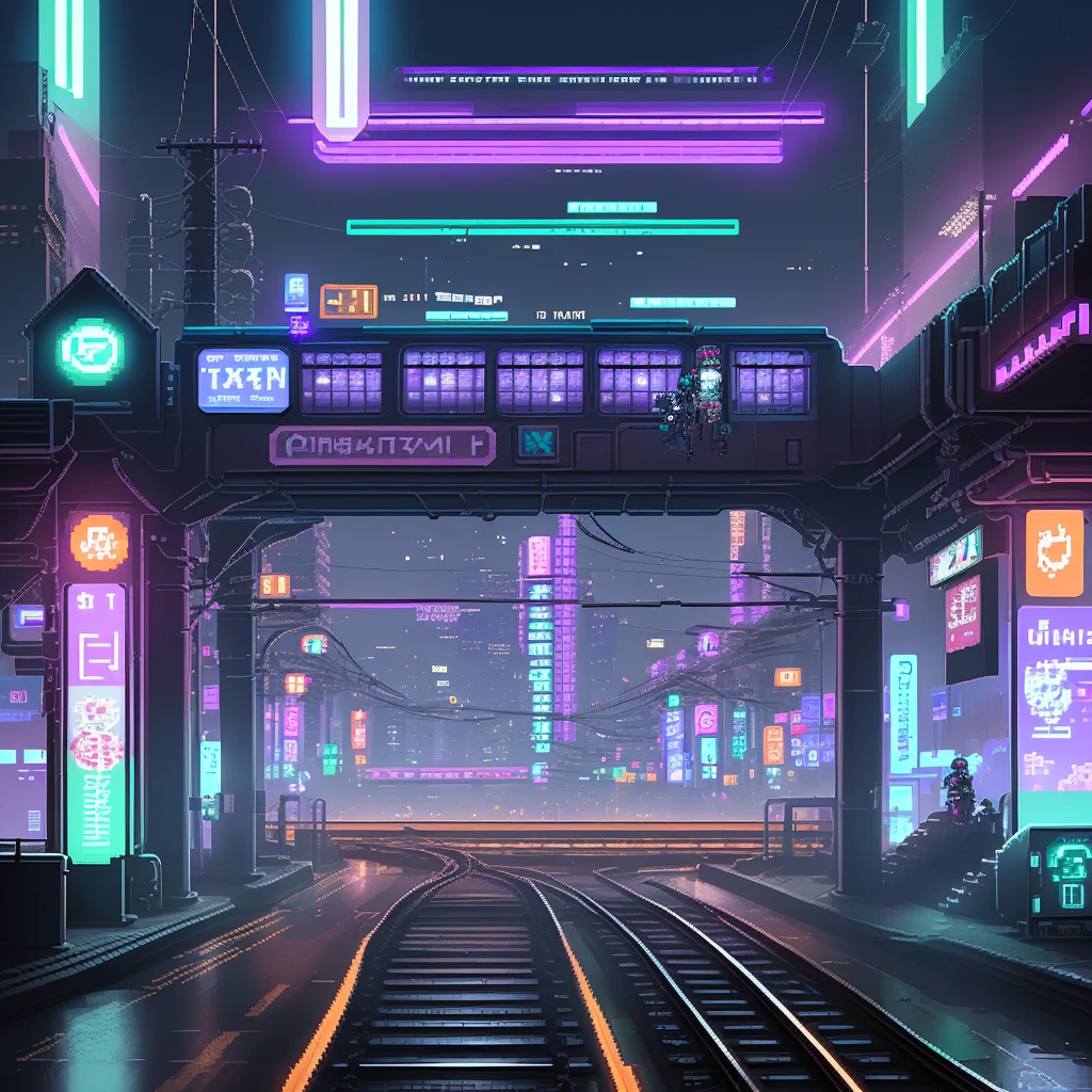 pixel art 3bit Cyberpunk Night View Shibuya futuristic cities railway Elevated line