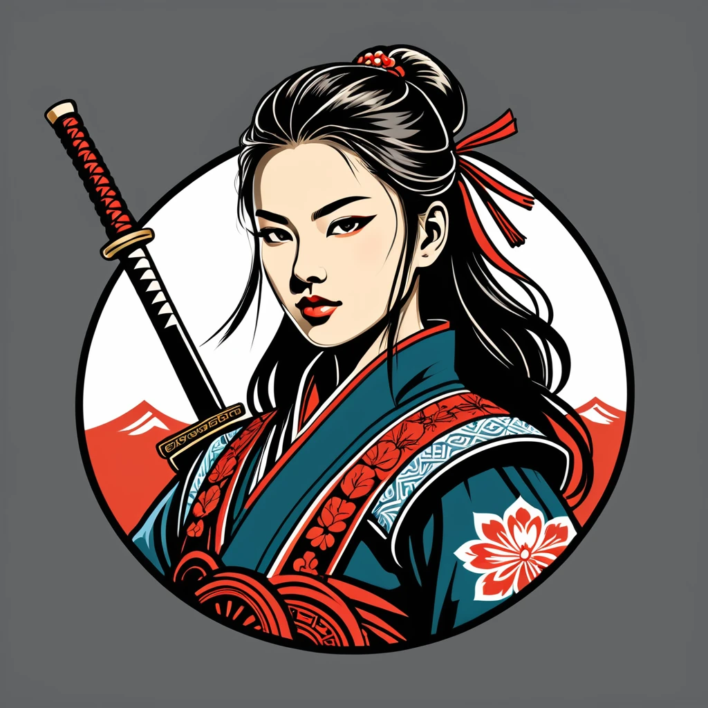 female samurai in polish folk outfit ,vector graphics, strong contours, logo design
