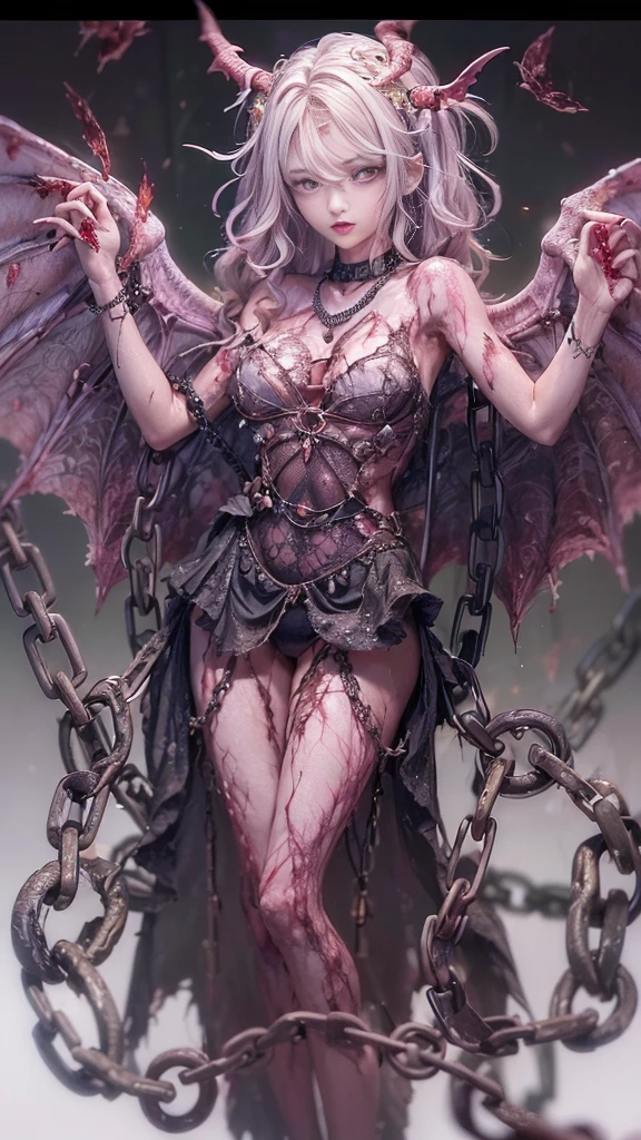 (32K:1.5, Dark fantasy:1.4, Highest quality, masterpiece, Ultra-high resolution), Perfect dynamic composition:1.3, Horror Portrait, chaos, Dark Background:1.3, Prisoner, slave, Dark Demon World, disaster々Shii, (Detailed tattoos on the whole body:1.4, Wearing exquisite jewelry:1.4), Very detailedな肌と顔の質感:1.3, Very accurate, Very detailed, (Sexy succubus demon with big wings:1.3, Incredibly slim body:1.3, 美Shiily、美Shii:1.3), Horn, Fair skin, Sensual posture, ((Putting Badly Torn Clothing Back on Properly:1.3)), Mid-chest, (Big eyes that exude 美Shii eroticism:0.4, 激Shii愛撫を感じてください:1.0, Open your mouth a little, lipstick, Feel the 美Shii eroticism:0.9, Too sexy:0.9, charm的な:0.9), ((Bloody:1.5, Covered in scars:1.5, The collapse of the body:1.6, Lots of chains:1.6, Countless chains tangled in clothes:1.6, Chain your right arm:1.5, Chain the left arm:1.5, The right leg is bound with a shackle and chain:1.5, The left leg is bound with a shackle and chain:1.5)), Super long blonde curly hair, Earrings, necklace, bracelet, romantic, mysterious, elegant, Object of admiration, original, dramatic, artistic, Innovative, charm, Heartful, Fancy, sense of openness, sense of cleanliness, special, exciting, Extreme, Tilt, sense of loss, sorrow, sorrowの表現, ((大人のcharm, 女性的なcharm))