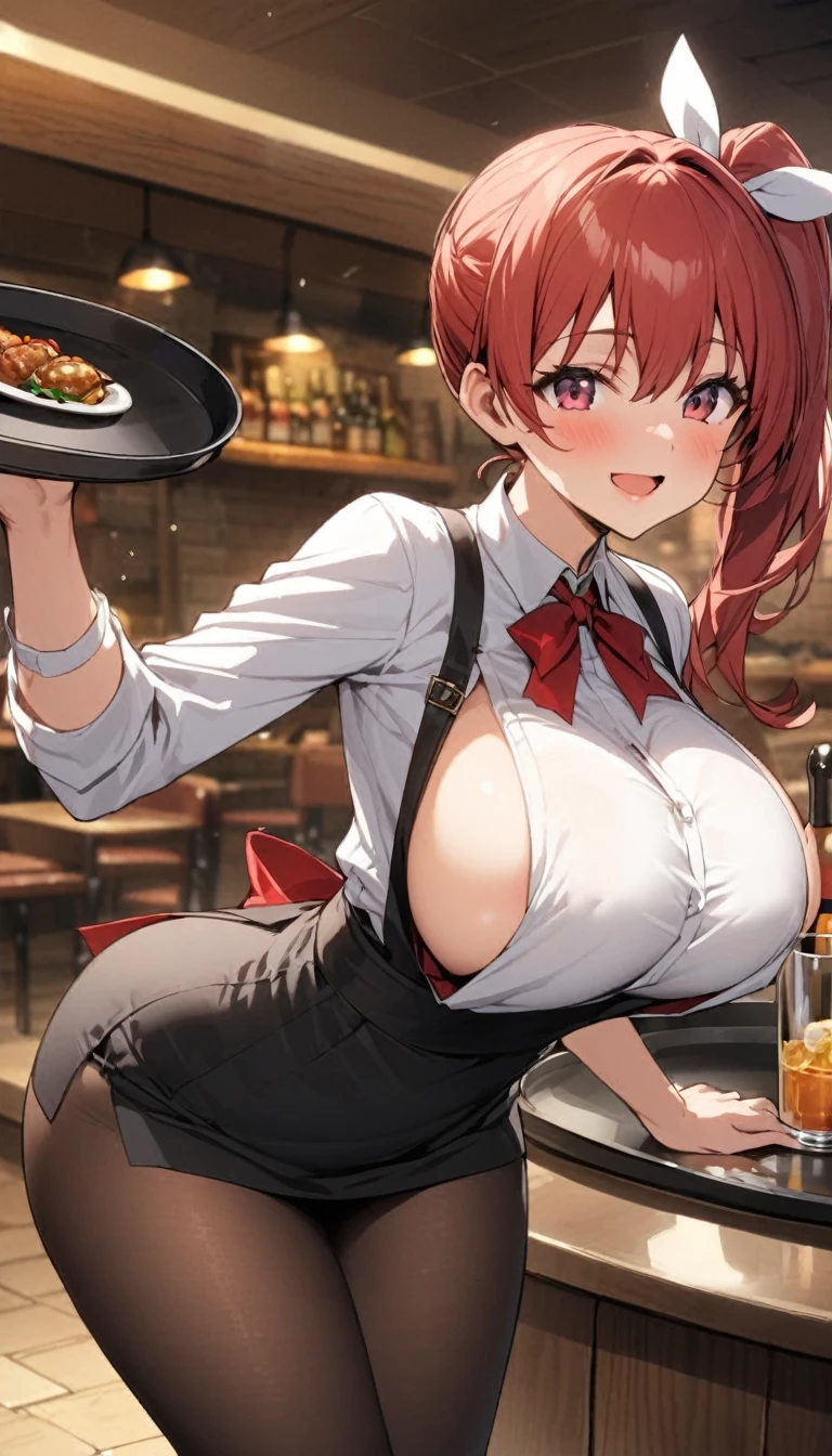 One Woman、beautiful girl、waitress、20-year-old、Side Ponytail、restaurant、waitressの制服、Short skirt、Black Pantyhose、Holding the tray、Highest quality, smile,, Big Ass、Big Breasts、Very big boobs、Place your breasts on the tray、 sink into the tray、Empty tray、Place breasts on the tray、Boob Tray、Tray under the 、The body is facing forward