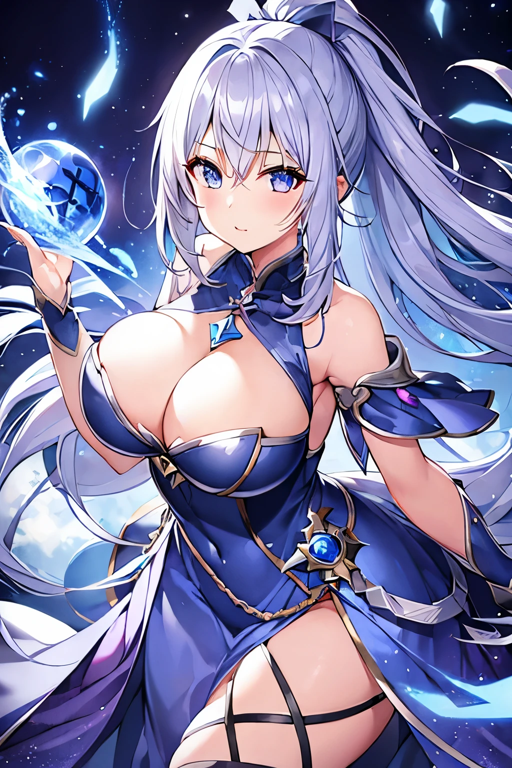 1 girl、Silver Hair、ponytail、Fantasy、witch、Blue clothes、Purple decoration、accessories、Villain、(Magical Items)、Bigger breasts、Goddess-like、whole body