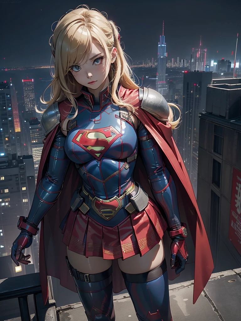 (masterpiece, Highest quality, High resolution:1.4, Anatomically correct、8k)、cyber punk、Supergirl、Blonde、Sexy、Blue tight latex bondage costume、S marking on chest、Long red cape、Red latex micro mini skirt、whole body、Overlooking the city at night、Browsing Caution、BDSM,Protruding nipples