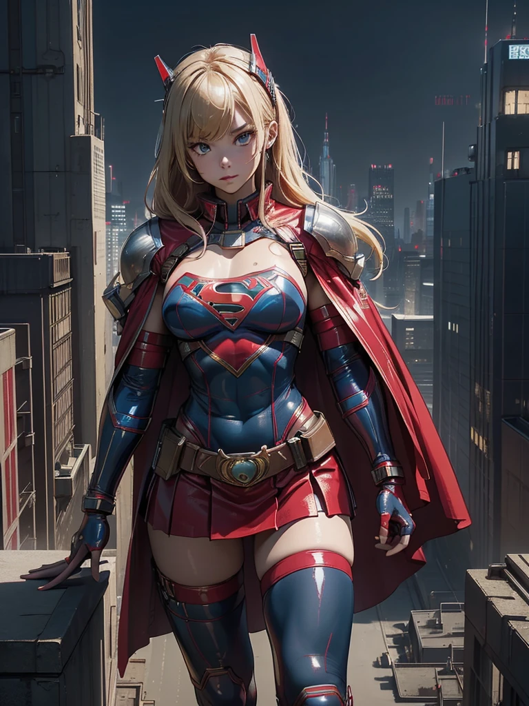 (masterpiece, Highest quality, High resolution:1.4, Anatomically correct、8k)、cyber punk、Supergirl、Blonde、Sexy、Blue tight latex bondage costume、S marking on chest、Long red cape、Red latex micro mini skirt、whole body、Overlooking the city at night、Browsing Caution、BDSM,Protruding nipples