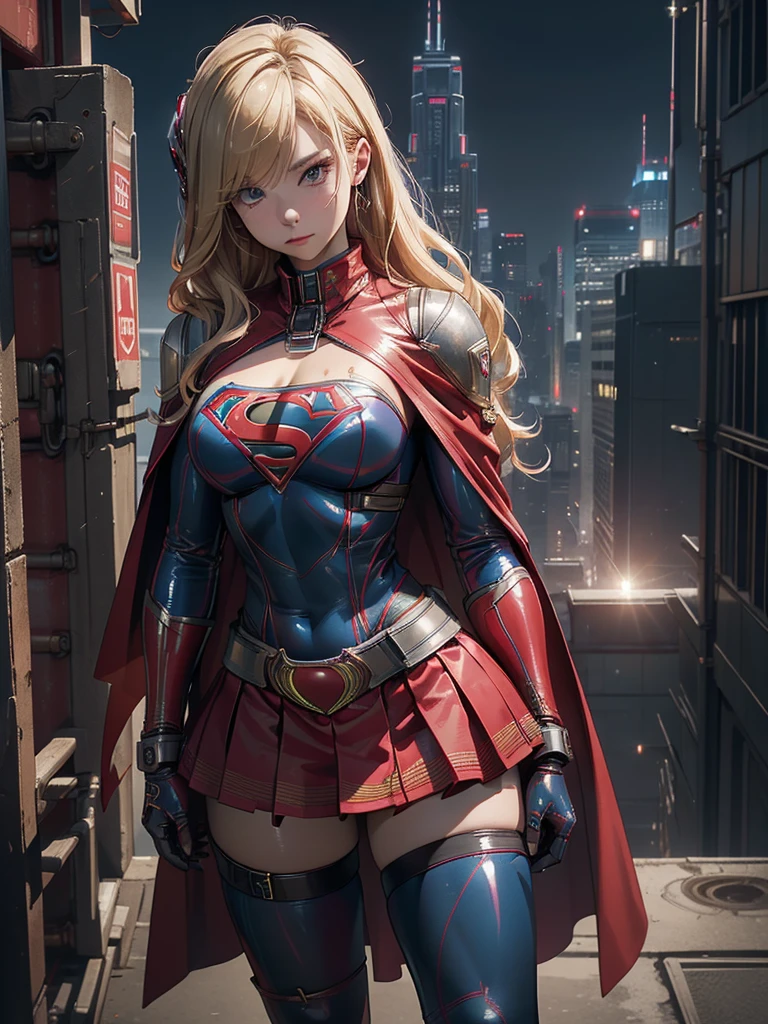 (masterpiece, Highest quality, High resolution:1.4, Anatomically correct、8k)、cyber punk、Supergirl、Blonde、Sexy、Blue tight latex bondage costume、S marking on chest、Long red cape、Red latex micro mini skirt、whole body、Overlooking the city at night、Browsing Caution、BDSM,Protruding nipples