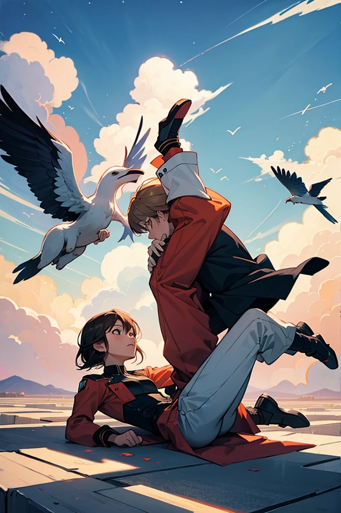 Couple falling from the sky holding hands full body view cm of the falling sky 