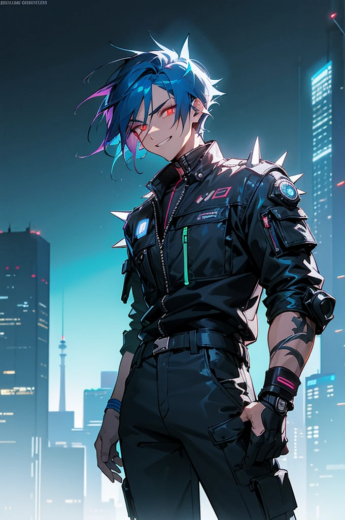 1male, deep blue hair, tousled and spiked, glowing amber eyes, mischievous grin, futuristic silver jacket with neon accents, black cargo pants, high-tech wristband, urban skyline background with neon lights, detailed face, hands to side, standing on path