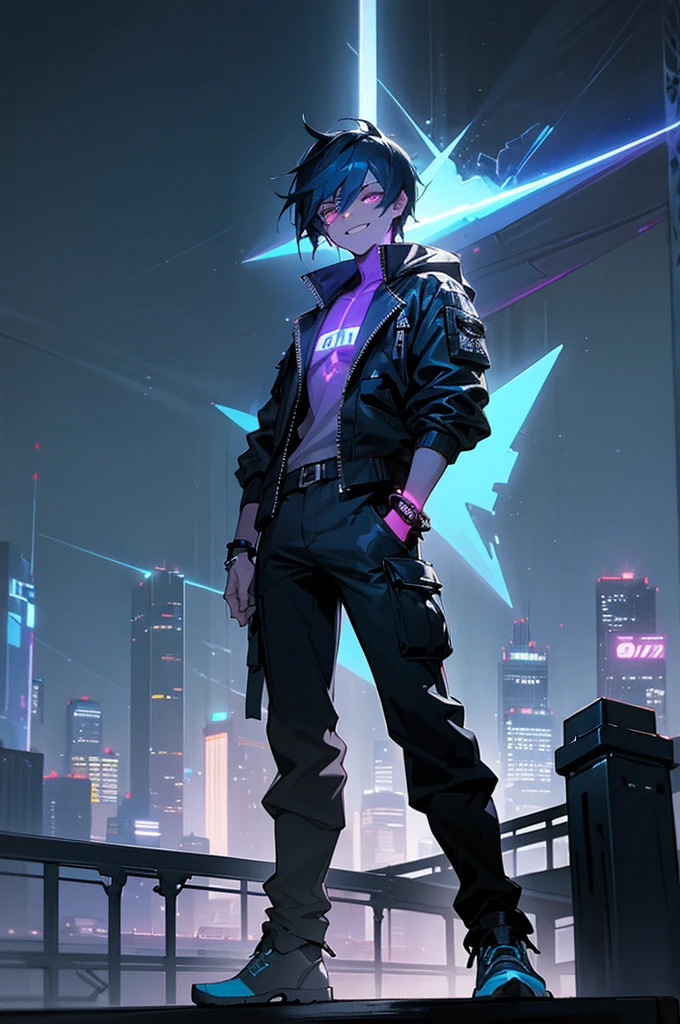 1male, deep blue hair, tousled and spiked, glowing amber eyes, mischievous grin, futuristic silver jacket with neon accents, black cargo pants, high-tech wristband, urban skyline background with neon lights, detailed face, hands to side, standing on path
