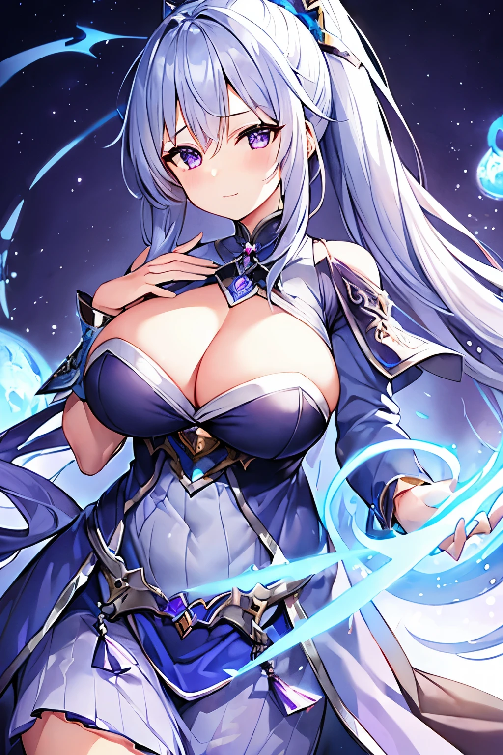 1 girl、Silver Hair、ponytail、Fantasy、witch、Blue clothes、Purple decoration、accessories、Villain、(Magical Items)、Bigger breasts、Goddess-like、whole body