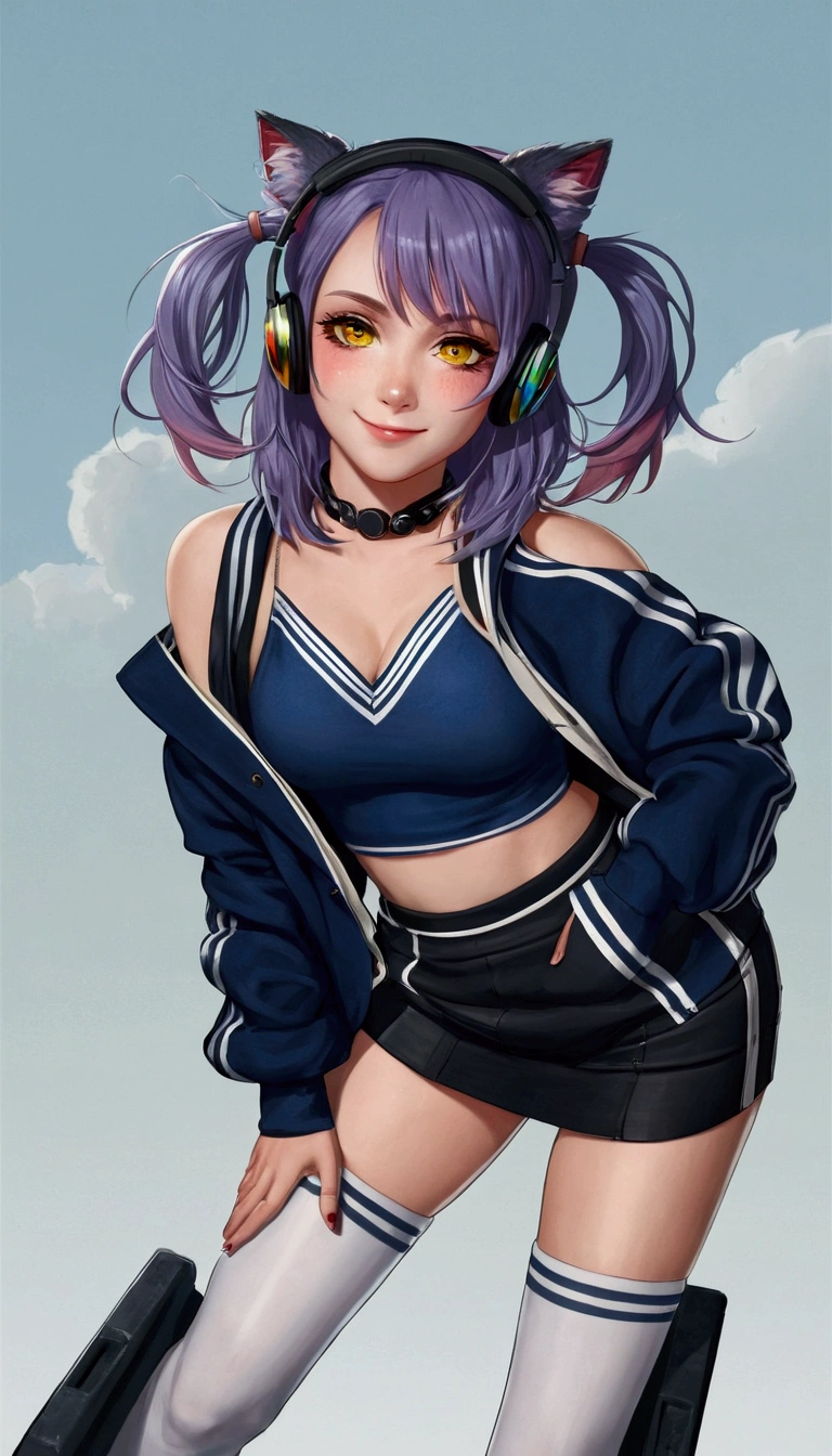 masterpiece, best quality, highres, 1girl, split-color hair, hair over one eye, red hair, multicolored hair, long hair, yellow eyes, two-tone hair, hair rings, headphones, white hair, bangs, very long hair, medium breasts, long sleeeves, open jacket, blush, off-the-shoulder , , crossed legs, , on the stage, smile, reaching out, holding microphone,