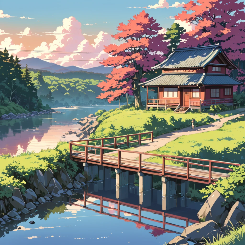 (((park by the river))), ((anime:1.4,illustration)),(masterpiece, top quality, best quality),(ultra-detailed, absolutely resolution),((16k, high res)). BREAK {lofi art, style of Laurie Greasley, style of Makoto Shinkai, anime aesthetic}