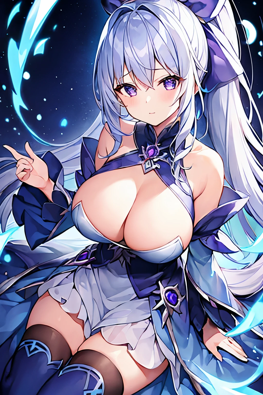 1 girl、Silver Hair、ponytail、Fantasy、witch、Blue clothes、Purple decoration、accessories、Villain、(Magical Items)、Bigger breasts、Goddess-like、whole body
