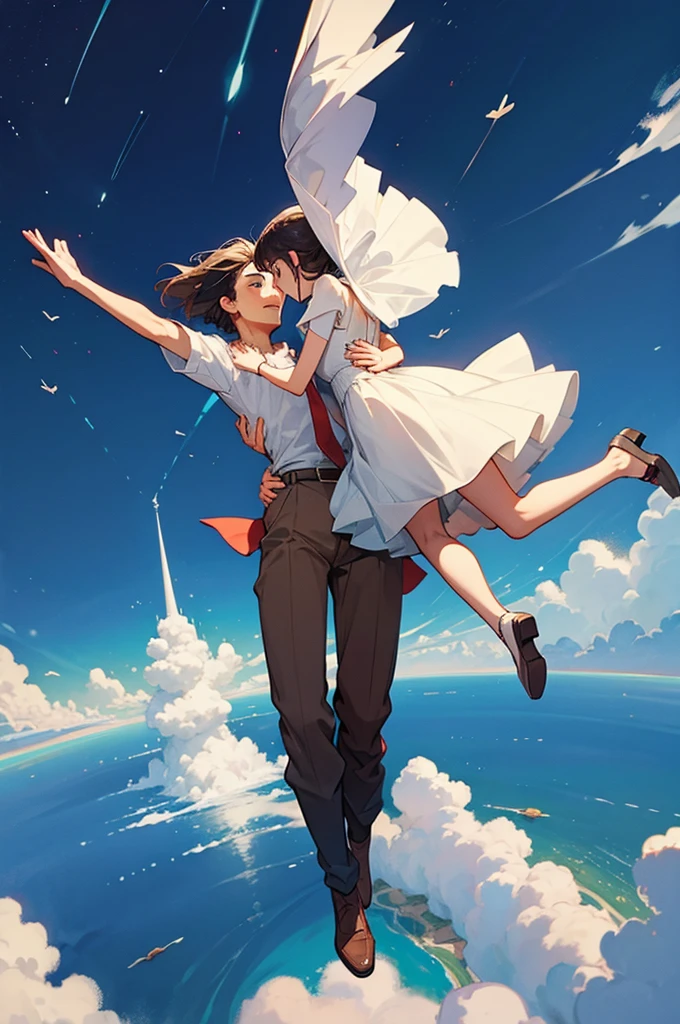 Couple falling from the sky holding hands full body view