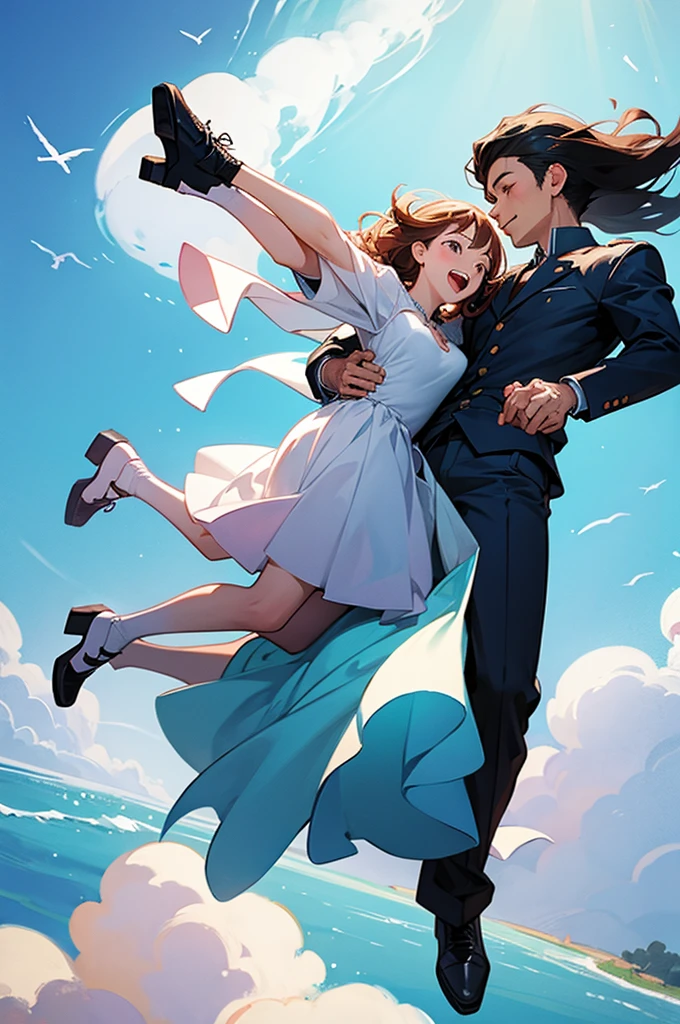 Couple falling from the sky holding hands full body view
