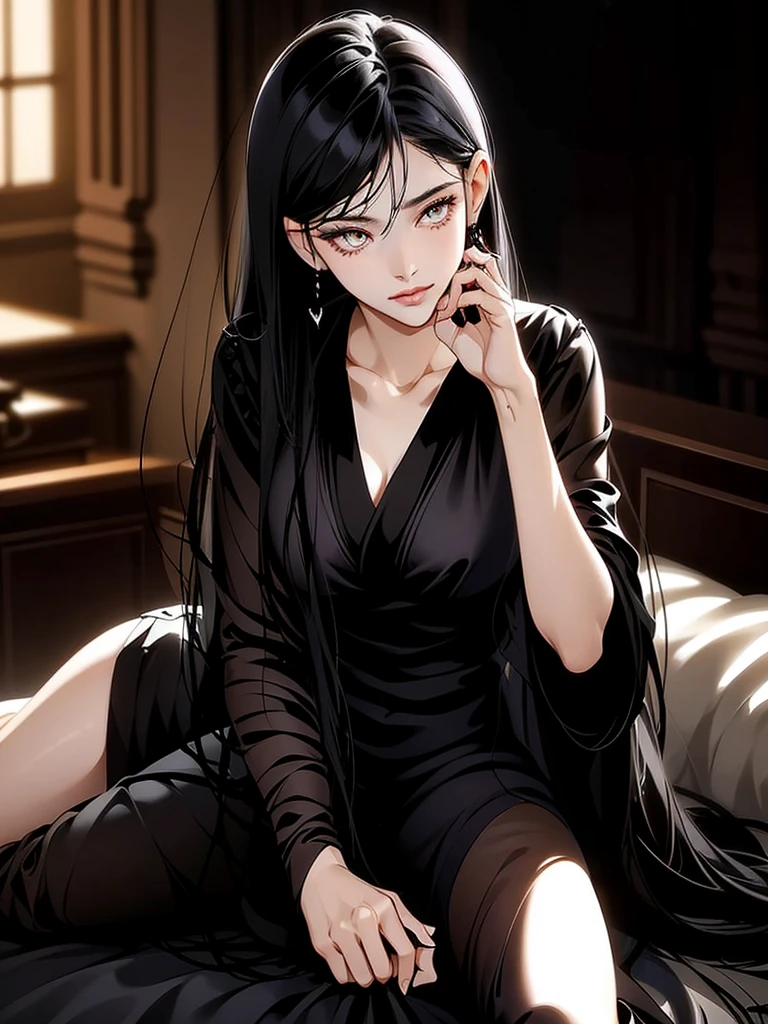 A long black hair girl, wears transparent nightgown, night, sitting on bed, dim bedroom, (elegant), (sexy), (devine), (brilliant), (splendid), tall, (mature), stunning, beautiful, aethereal, (1girl), solo girl, (luxury bedroom), many hearts, shadow, dim light, dark, cinematic, highest quality, extremely detailed, masterpiece, detailed background