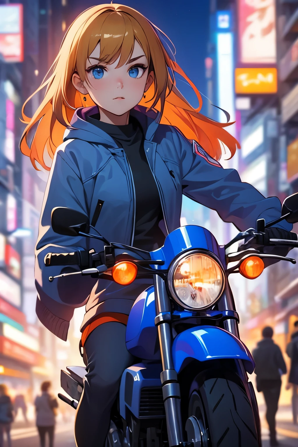 A woman takes a corner on a motorcycle, no helmet, long blonde hair flying, a beautiful woman, a lovely expression, a public road, a speedy depiction