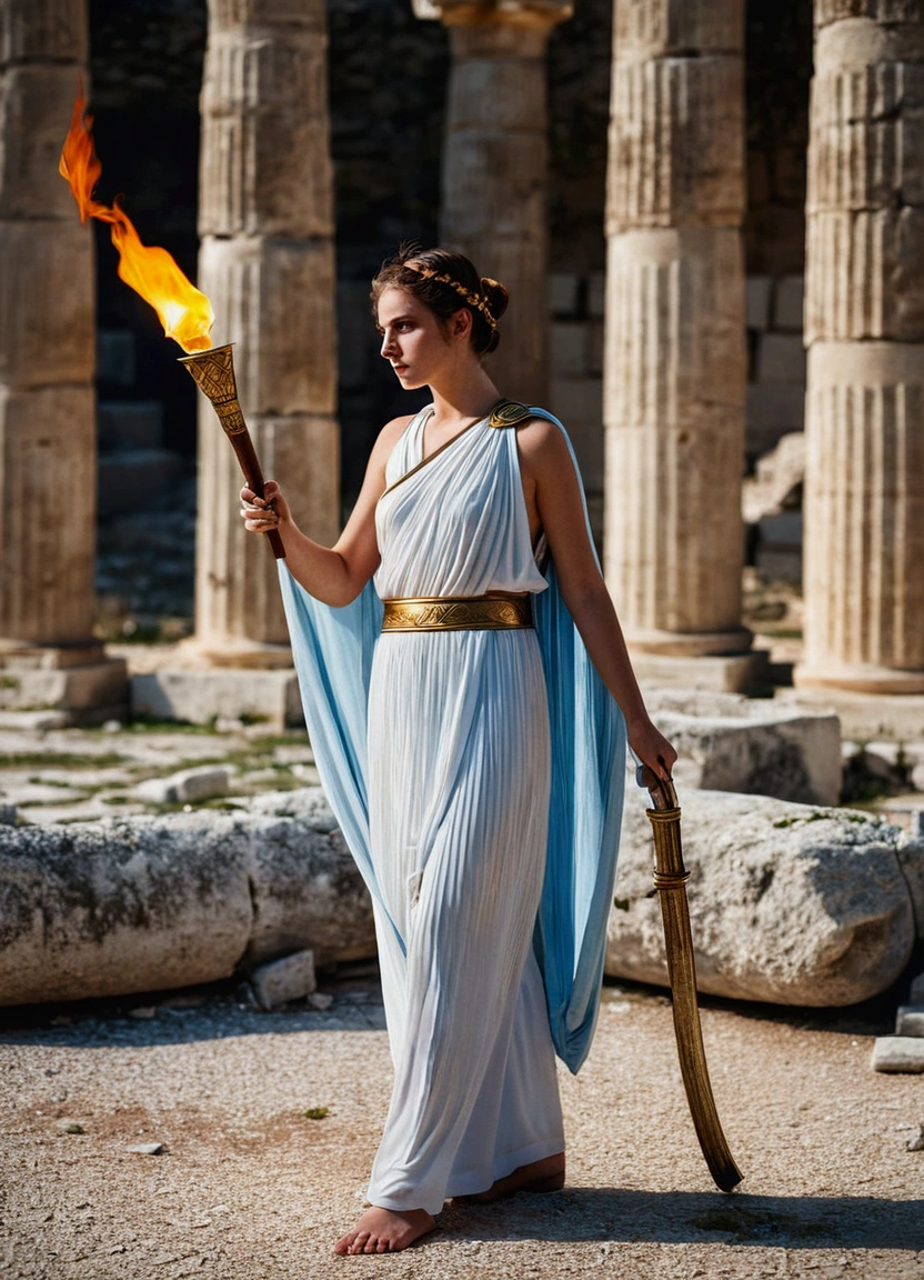 Ancient Greek Torch Lighting Ceremony、Beautiful young woman、Ancient Greek costume toga、Hold a torch over a concave mirror、Ruins of ancient Greece、a heavy atmosphere、Traditional atmosphere、