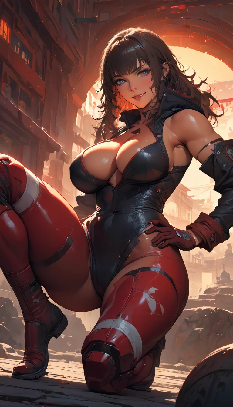 best quality,4k,8k,highres,masterpiece:1.2),ultra-detailed, extremely detailed eyes, extremely detailed body, (large masterpiece digital art), (detailed manga illustration), (detailed line art), ((perfect anatomy)), (intricate details:1.3), (ultra-detailed:1.3), (illustration:1.3), (sharp focus:1.3), (natural lighting:1.05), (vivid colors:1.3), (masterpiece), (best quality:1.4), (perfect anatomy:1.4), high quality, expressive eyes, full body, detailed face, beautiful face, perfect face, 1 girl, breasts, cleavage, gloves, large breasts, punk clothes, jacket, black jacket, very long hair, thigh length hair, Japanese female, detailed ((black hair)), straight hair, Hime cut , blue eyes, curvaceous physique, bodysuit, sleeveless, hakama, hakama skirt, haori, thick thighs, toned, dynamic lighting, cinematic lighting, dynamic heroic pose, smiling, Japanese temple background, curvy, Atey Ghailan, Jeremy Mann, Greg Manchess, Antonio Moro, trend in ArtStation, trend in CGSociety, Intricate, High Detail, Sharp focus, dramatic and photorealistic painting art by Midjourney and Greg Rutkowski, Jeff Bridges, ((cartoon style)), Marvel Cinematic Universe style