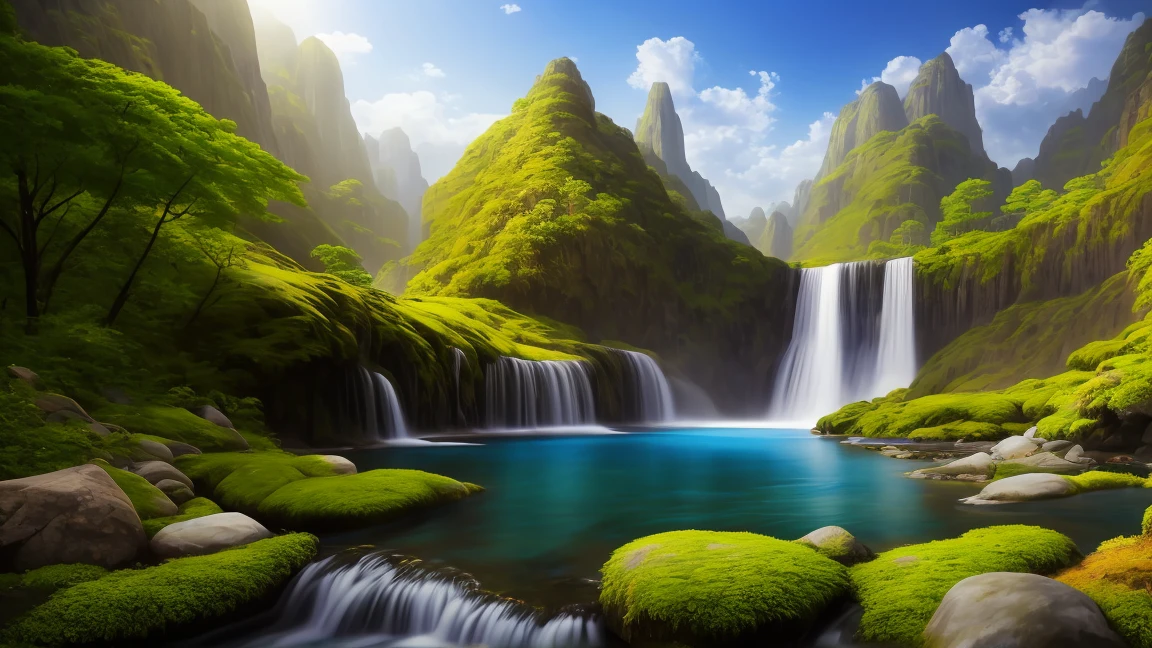 masterpiece, best quality, high quality, Very detailed Cg Unity 8K wallpaper, there is a waterfall in the middle of a mountain with a forest, 4k hd matte digital painting, detailed painting 4 k, beautiful mattepainting, 4k highly detailed digital art, 8k stunning artwork, beautiful art uhd 4 k, 4 k matte painting, 8k high quality detailed art, matte painting 4k 8k, inspired by Andreas Rocha, Landscape, water, (very detailed CG unity 8k wallpaper), art of painting on the most beautiful artworks, professional majestic oil paintings, intricate, high detail, clear focus, dramatic, realistic painting Tamarind,miniature,Award-winning photography, Bokeh, depth of field, high dynamic range, bloom, Color difference ,lifelike,Very detailed, complex, high detail, dramatic, Midway Art