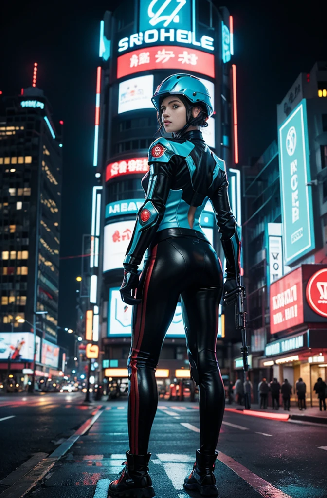 woman holding automatic riffle, glossy armor in cyan color with neon red stripes, she has glass helmet, turn back viewer, standing in between two building during nightime, neons lighting and billboards city. 