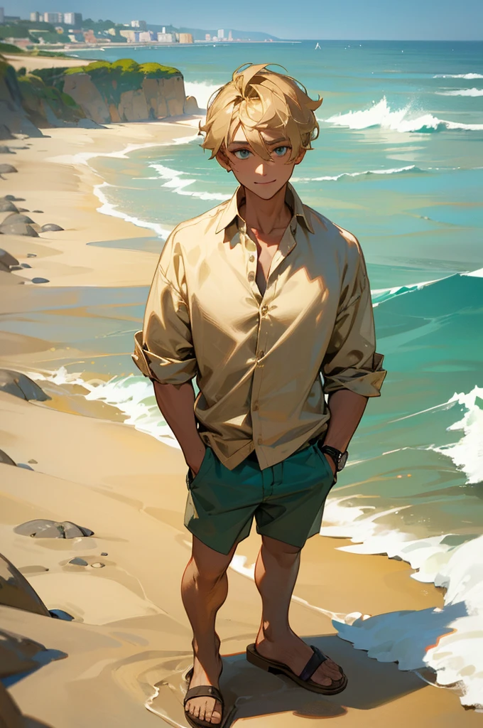 1male, sandy blonde hair, tousled and sun-kissed, teal eyes, relaxed smile, beige linen shirt, khaki shorts, brown sandals, wristwatch, seaside cliff background with crashing waves, detailed face, hands to side, standing on path