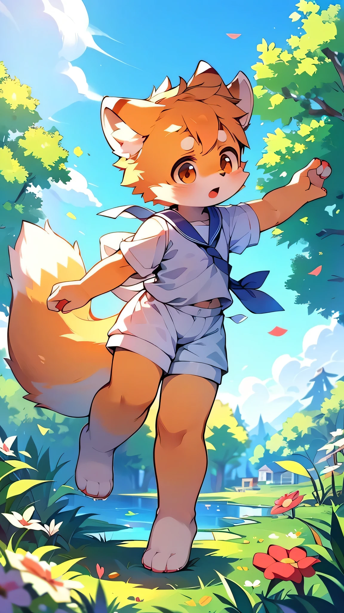 Red Panda Girl,Characteristics of the Sailor Suit,super high quality,Very detailed,High resolution,Cute art style in anime,Rice field scenery,(Cheerful teenager,13 years old:1.3),alone,single,Cute face female