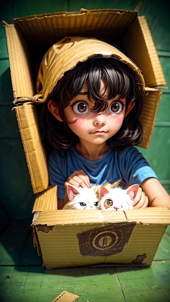 A girl peeking out of a cardboard box like an abandoned kitten、Anxious face