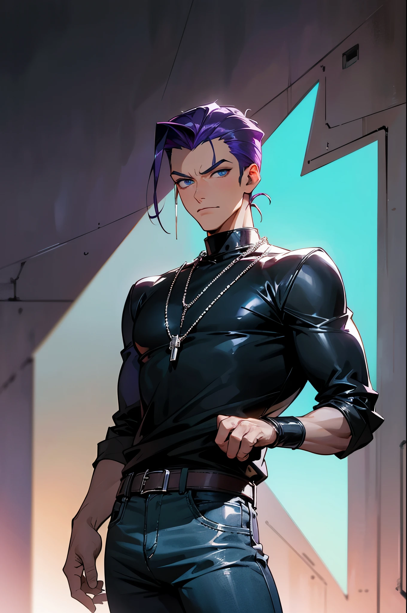 1male, dark purple hair, slicked back, bright turquoise eyes, intense focus, sleek black leather jacket, gray t-shirt, dark jeans, silver chain necklace, industrial warehouse background with dramatic lighting, detailed face, hands to side, standing on path