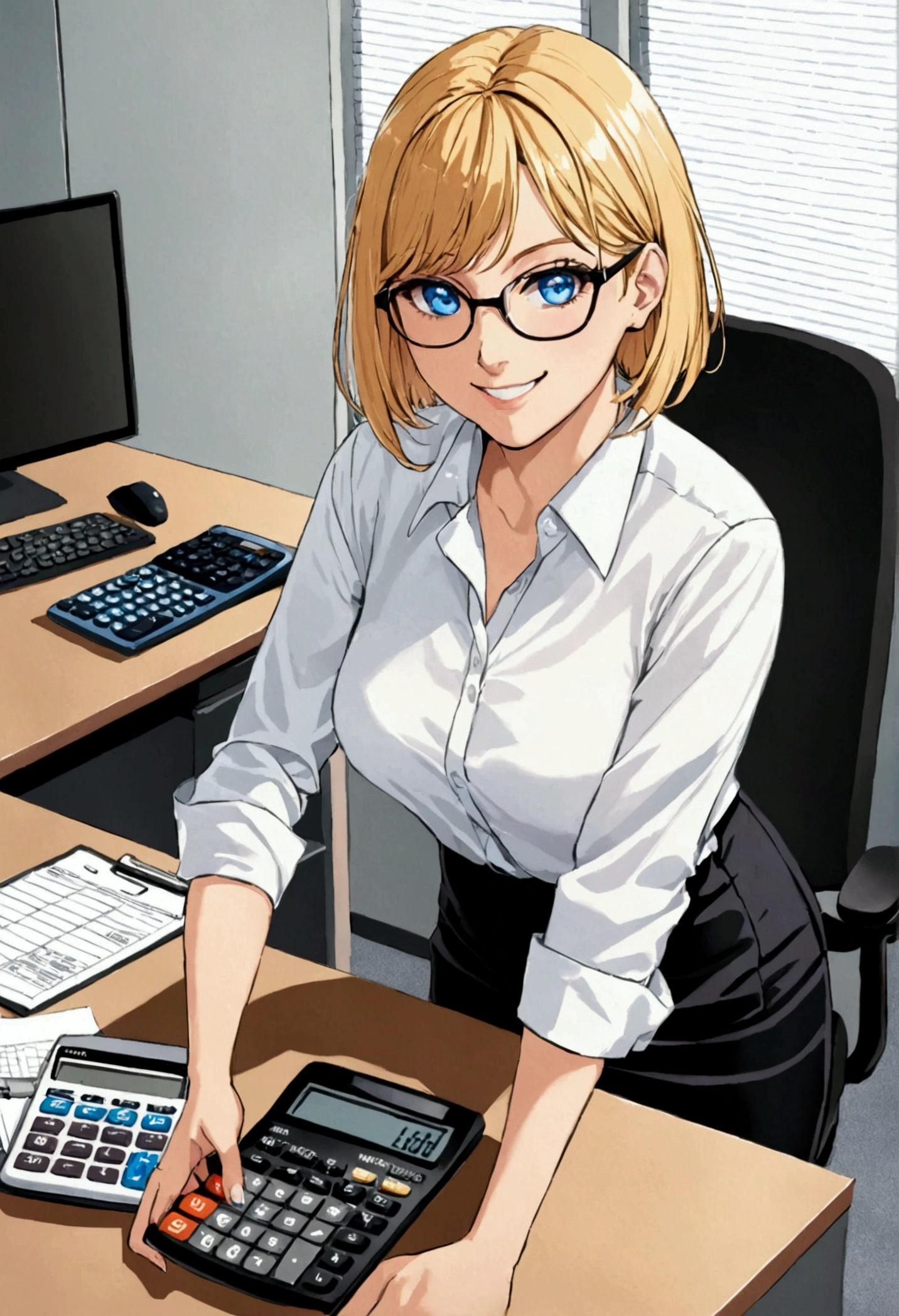 A girl with blonde bob hair,blue eyes,glasses,wearing a white office shirt,a long black skirt and multicolored sneakers,smiling with a calculator in his hand in front of an office desk