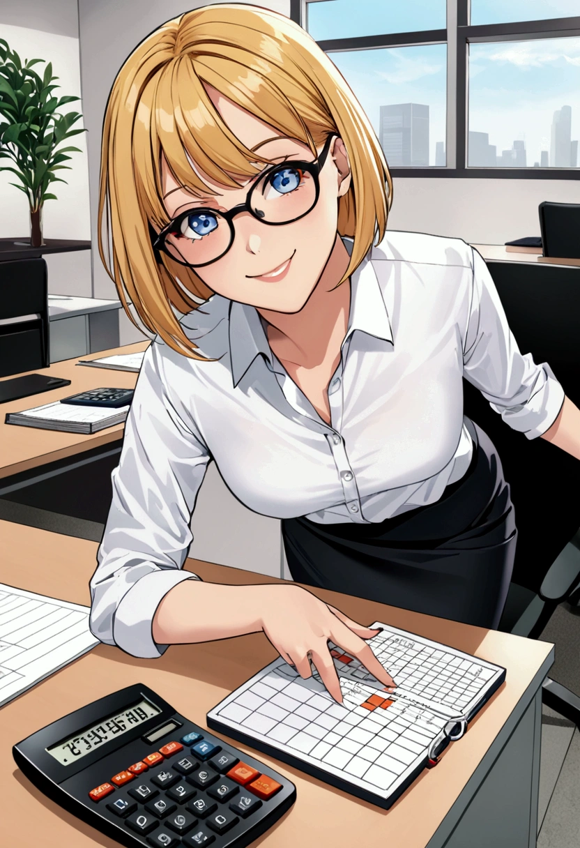 A girl with blonde bob hair,blue eyes,glasses,wearing a white office shirt,a long black skirt and multicolored sneakers,smiling with a calculator in his hand in front of an office desk
