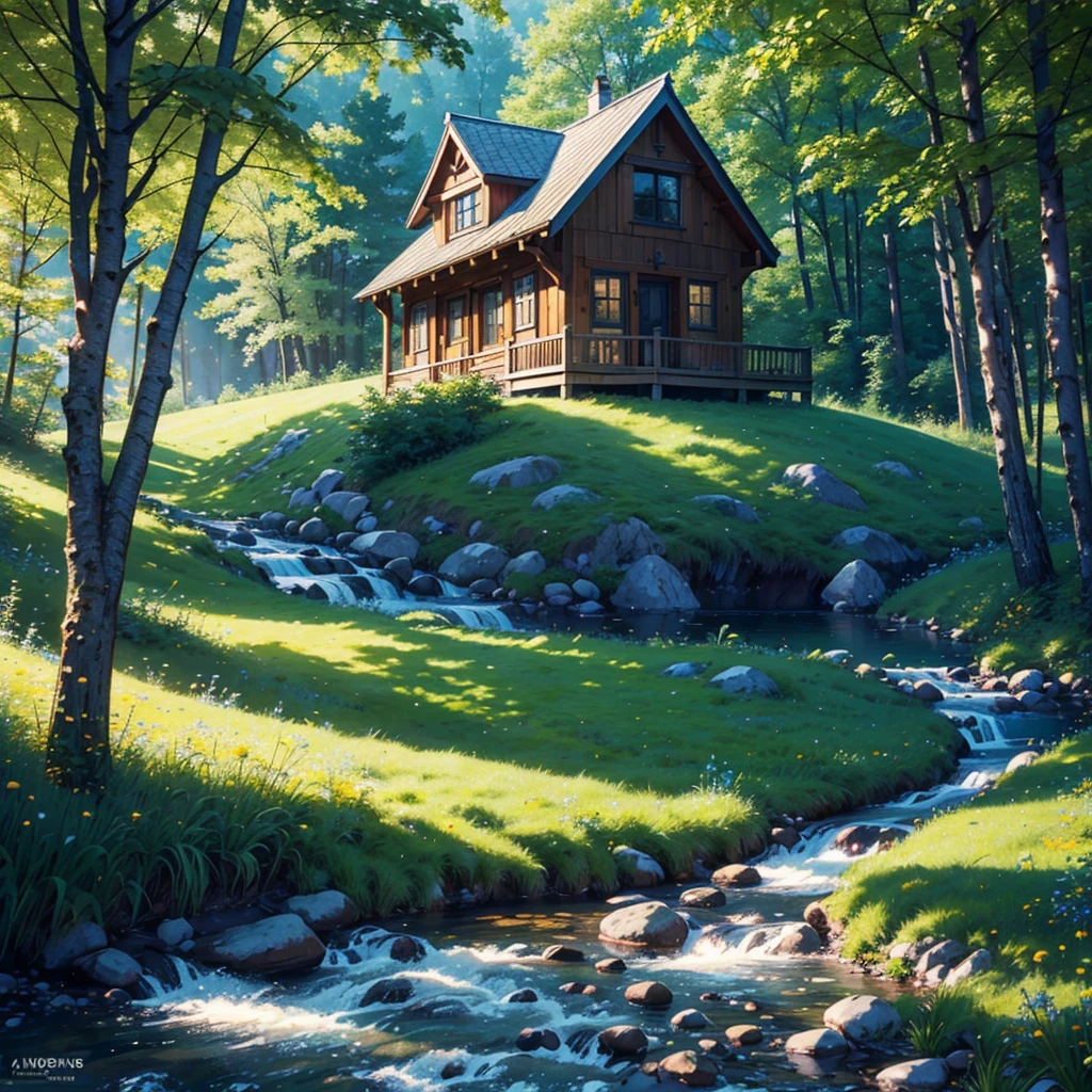 a cozy landscape, a small cottage in a meadow, rolling hills, lush green grass, wildflowers blooming, a babbling brook, a wooden bridge, sunbeams filtering through the trees, birds flying overhead, a warm and inviting atmosphere, (best quality,4K,8k,highres,masterpiece:1.2),ultra-detailed,(realistic,photorealistic,photo-realistic:1.37),landscape,natural lighting,vibrant colors,Serene,Sunlight filtering through the trees